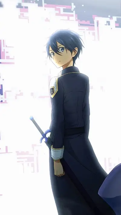 Anime boy standing with his sword in a bright and colorful background