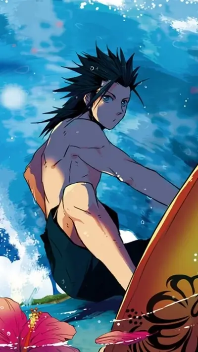 Anime boy surfing in ocean