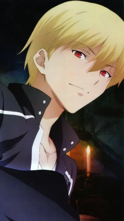 Anime boy with blond hair, red eyes, and dark clothing