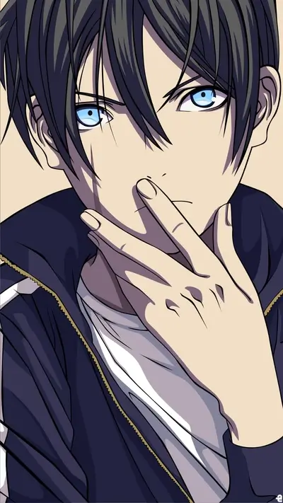Anime boy with blue eyes, hand near mouth