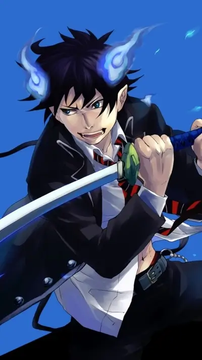 Anime boy with blue flames wielding a katana