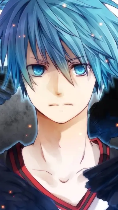 Anime boy with blue hair and piercing blue eyes