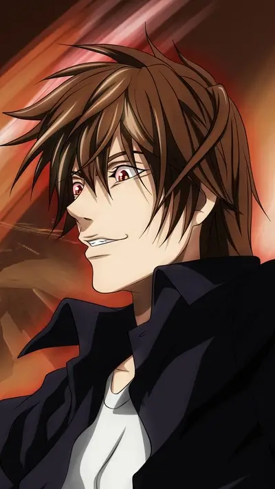 Anime boy with brown hair, red eyes, and a smirk