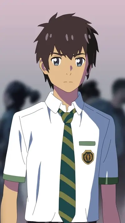 Anime boy with brown hair wearing a school uniform and tie