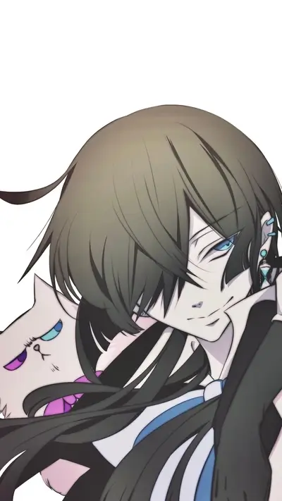Anime boy with dark hair and a white cat