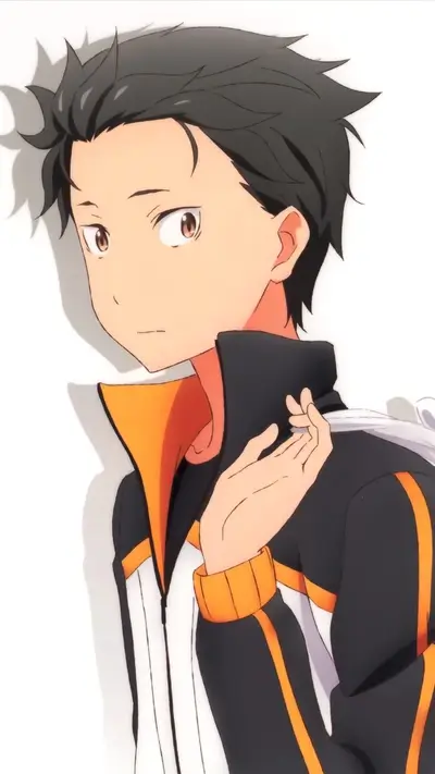 Anime boy with dark hair and orange accents