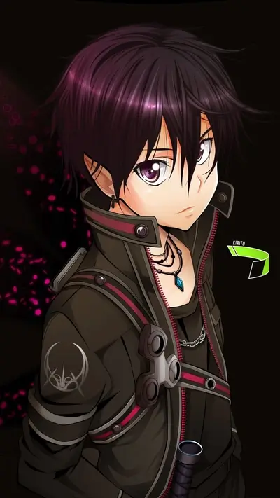 Anime boy with dark hair and purple eyes