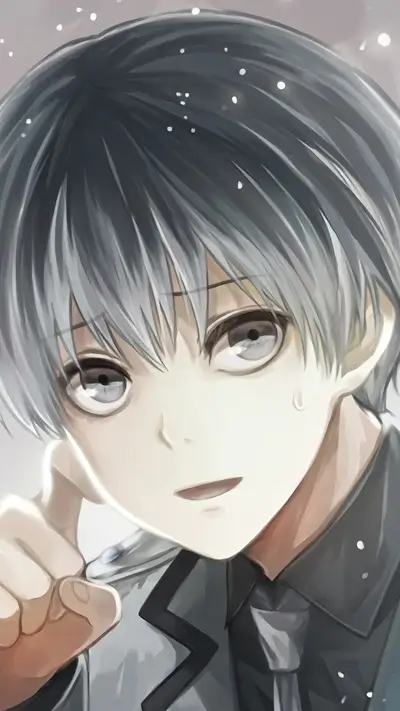 Anime boy with grey hair and gray eyes is pointing forward