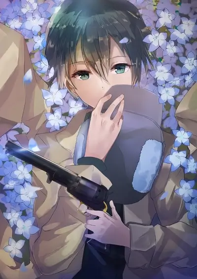 Anime boy with gun, surrounded by blue flowers