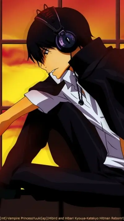 Anime boy with headphones, sunset background