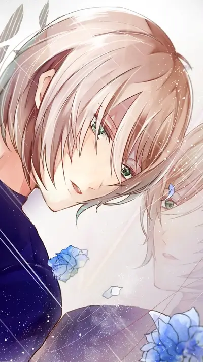 Anime boy with light hair and green eyes