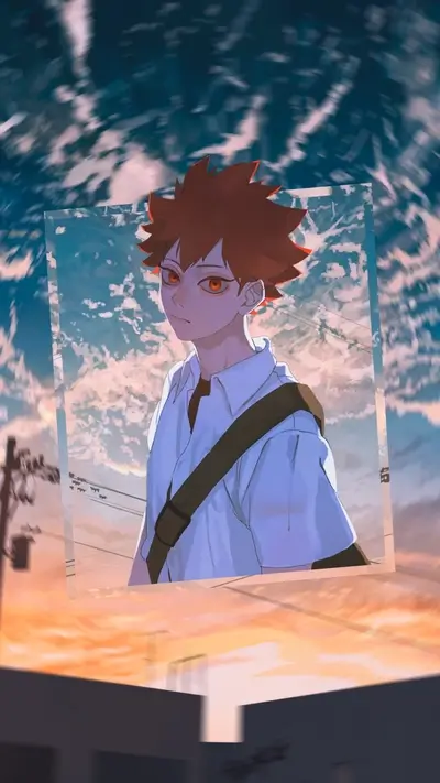 Anime boy with orange hair, sunset background