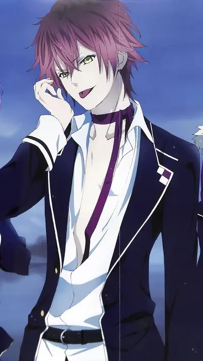 Anime boy with pink hair smirking
