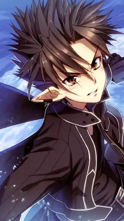 Anime boy with spiky hair, dark clothing, and elf ears