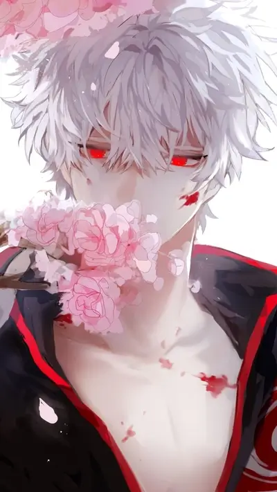 Anime boy with white hair and red eyes holding flowers.