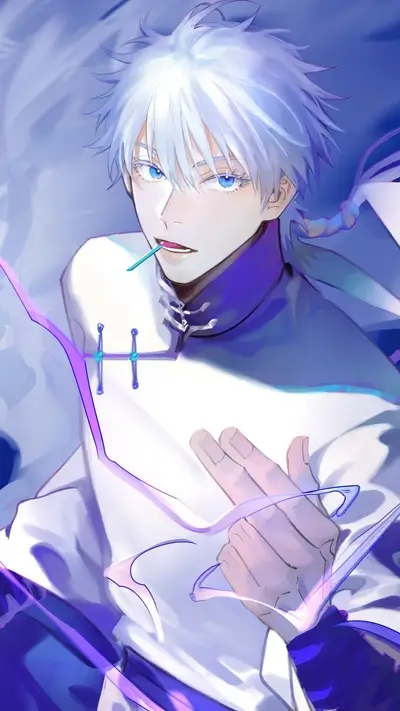 Anime boy with white hair holding lollipop, surrounded by vibrant energy