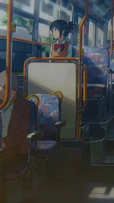 Anime bus interior with schoolgirl and seated passenger, bright sunlight.