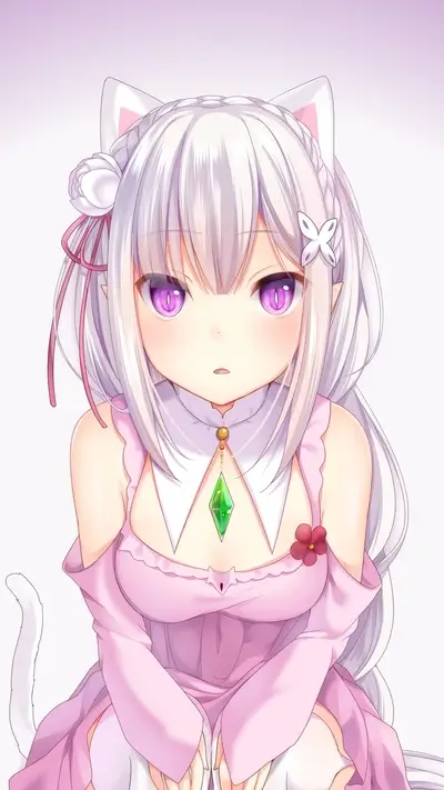 Anime cat-eared girl with purple eyes wearing a pink dress