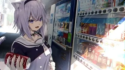 Anime cat girl by vending machine holding soda can
