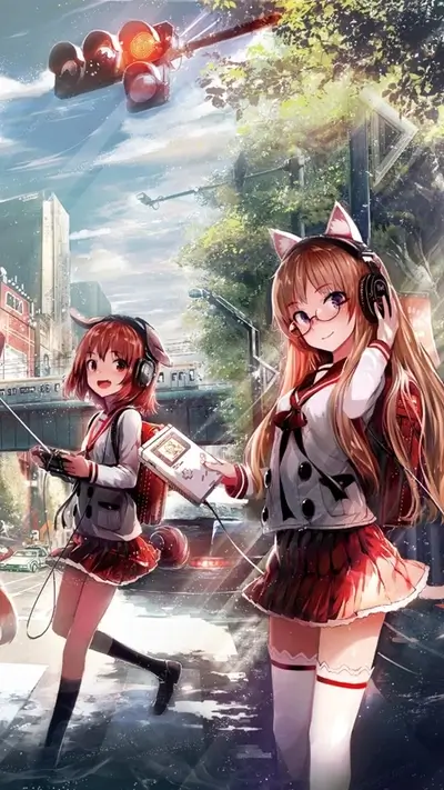Anime catgirls enjoy music on a vibrant city street
