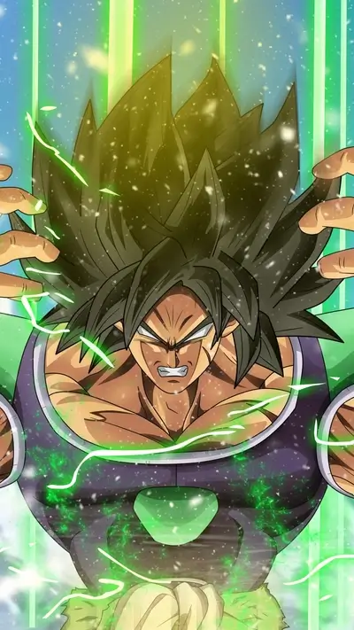 Anime character Broly, intense gaze, power surge, spiky hair, determined, ready to battle.
