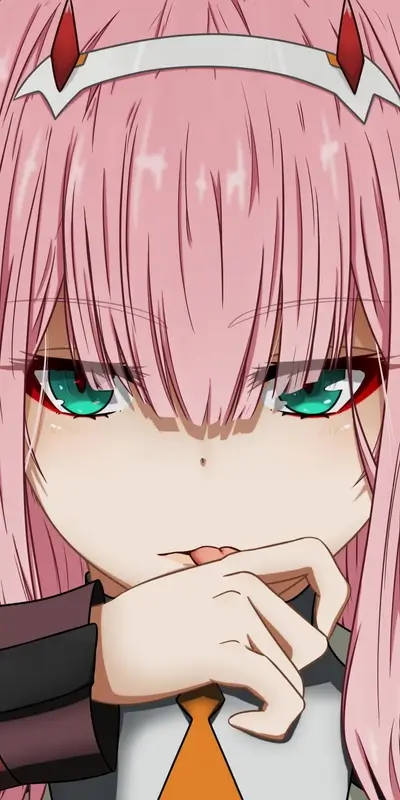 Anime character closeup with captivating gaze and playful hand gesture