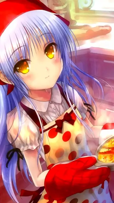 Anime character cooking, wearing red oven mitts and polka dot apron