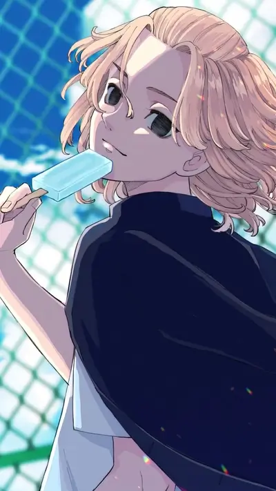 Anime character enjoying popsicle on summer day near a fence.