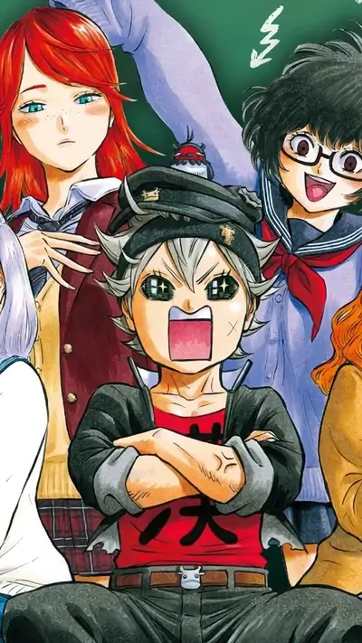 Anime character enthusiastically posing with a group around him, vibrant and colorful