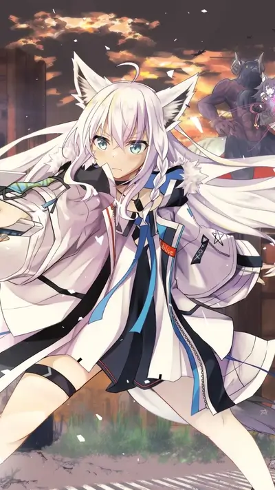 Anime character, girl with white hair and fox ears, posed in front of monster