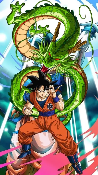 Anime character Goku and Shenron from Dragon Ball Z are in pose