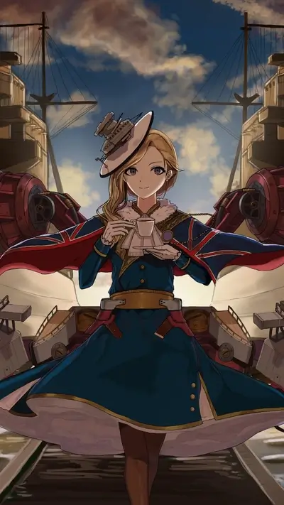 Anime character holding a cup in an elaborate steampunk themed naval setting