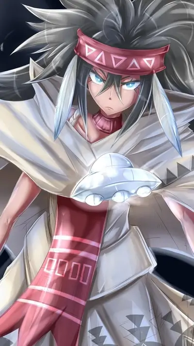 Anime character holding glowing UFO, wearing traditional clothing and tribal headband