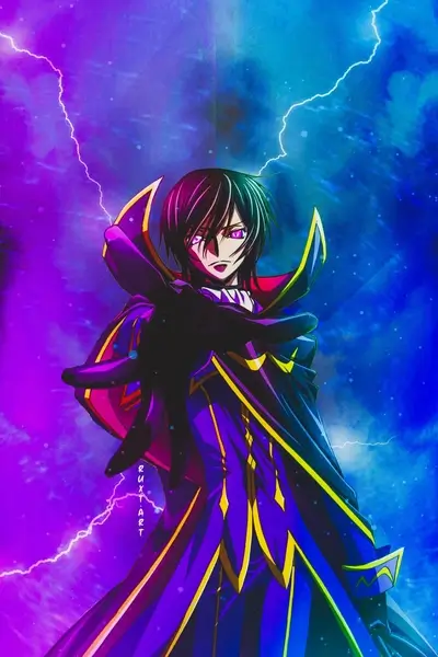 Anime character in a purple and blue coat, lightning in the background