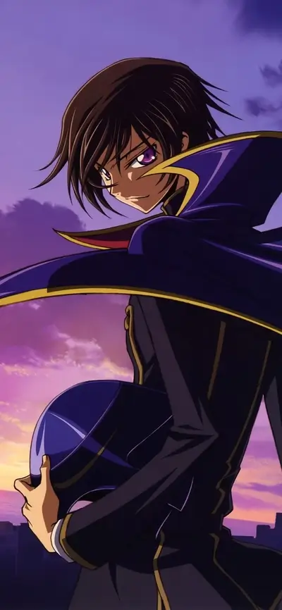 Anime character in dark clothing, purple sky backdrop