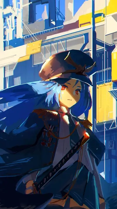Anime character in military uniform standing in an urban setting