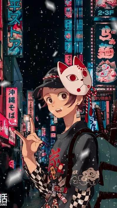 Anime character in snowy Tokyo street