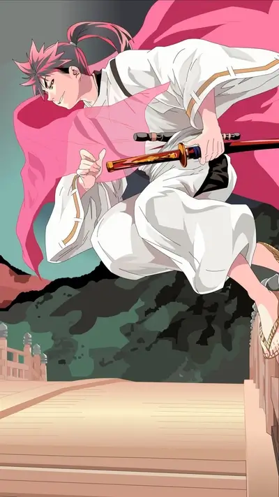 Anime character leaps from bridge with sword.