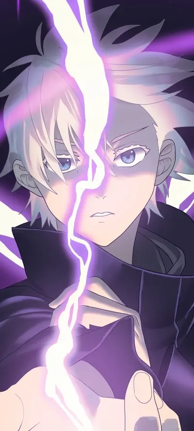 Anime character, lightning, hand holding, white hair, blue eyes