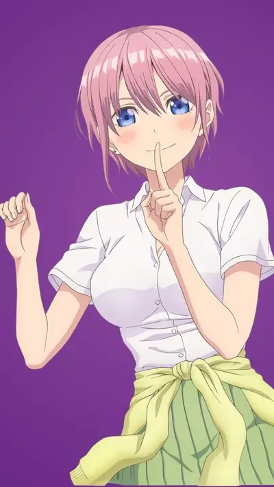 Anime character, pink hair, blue eyes, finger to lips