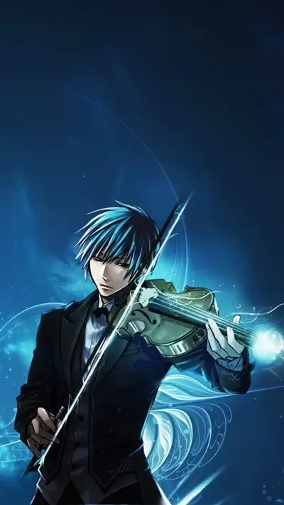Anime character playing violin, surrounded by glowing blue energy