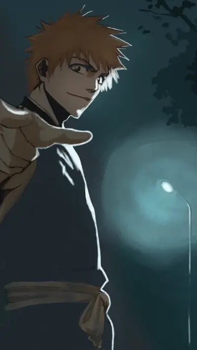 Anime character pointing outward under blue streetlight in the dark