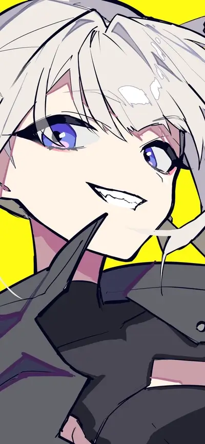 Anime character portrait, white-haired girl with blue eyes and sharp teeth