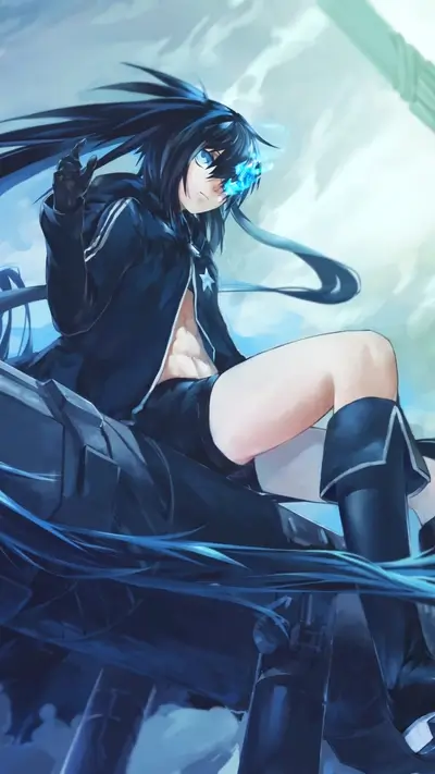 Anime character sitting on machine with glowing blue eye