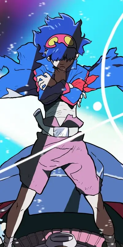 Anime character standing with crossed arms and serious expression against light background