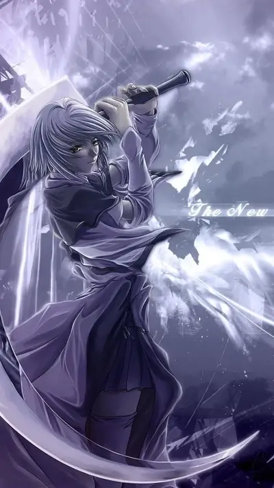Anime character wielding large blade, bathed in pale light