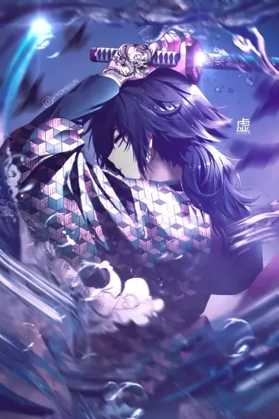 Anime character with a sword, purple and blue tones