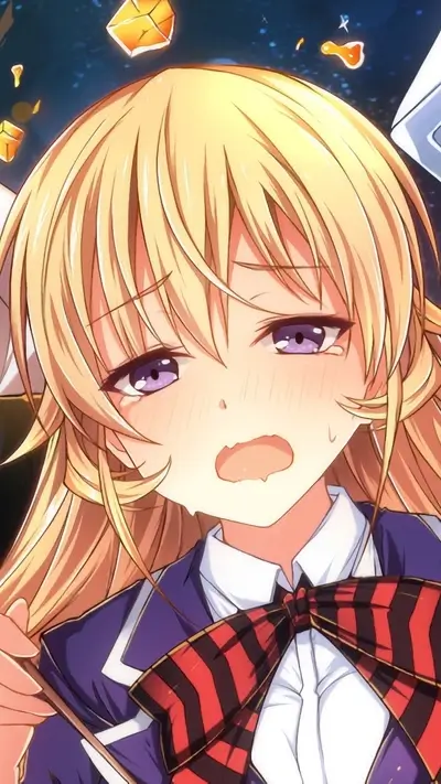 Anime character with blonde hair and purple eyes looking upset