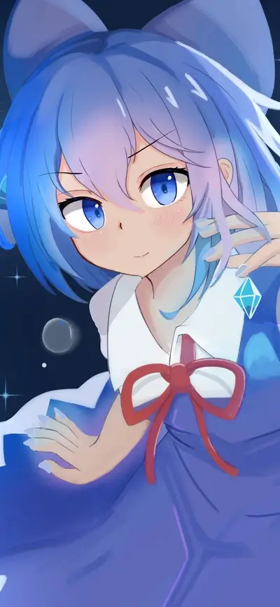 Anime character with blue hair, cute face, and red ribbon