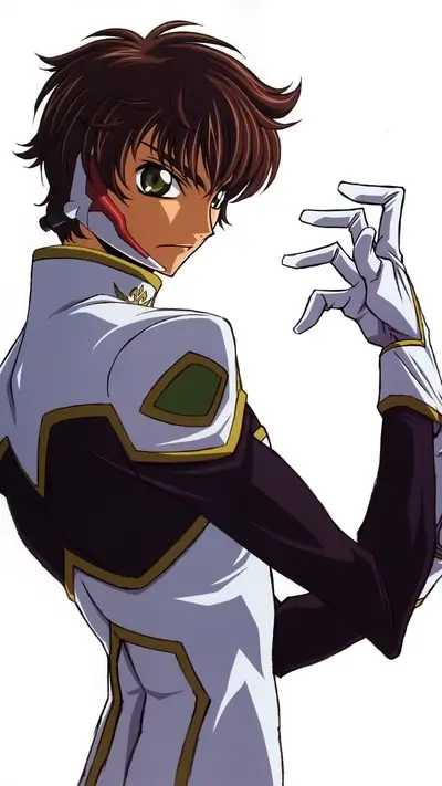 Anime character with brown hair and striking green eyes looking over shoulder